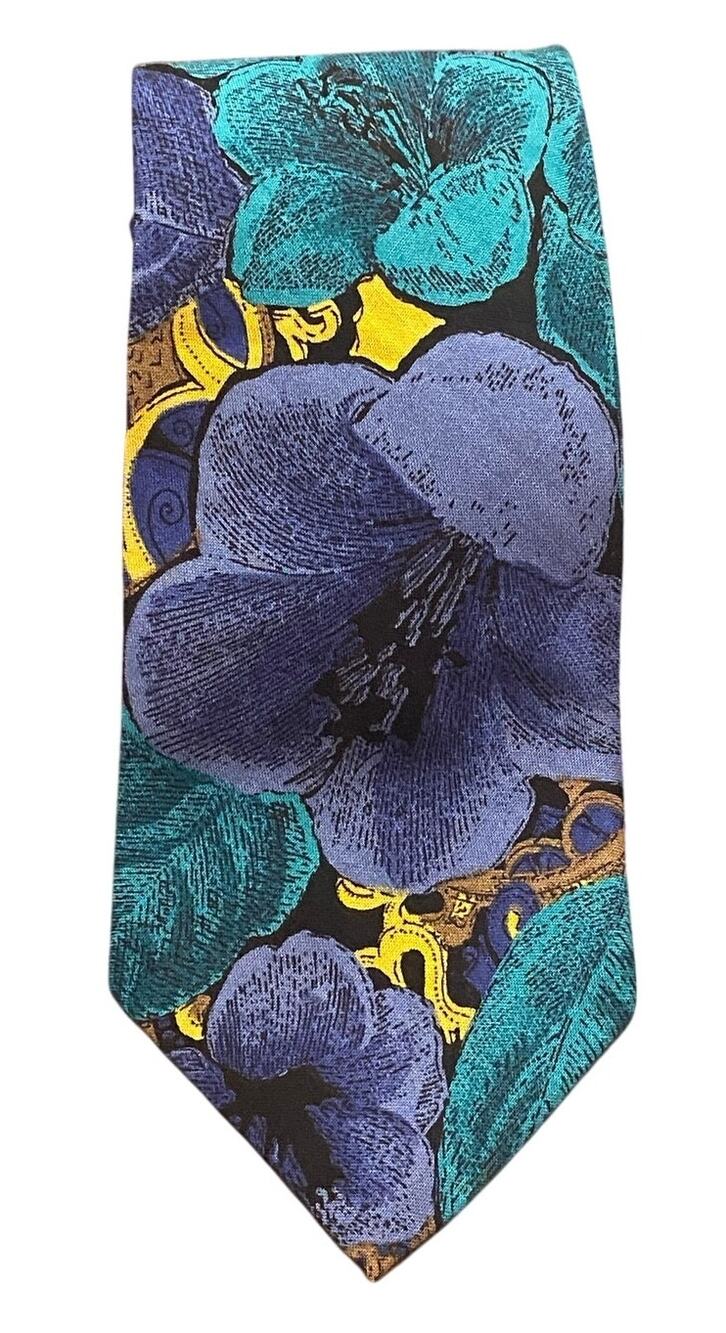 Vintage Hardy Amies London Rayon Floral Tie Blue Gold Made England Luxury Retro